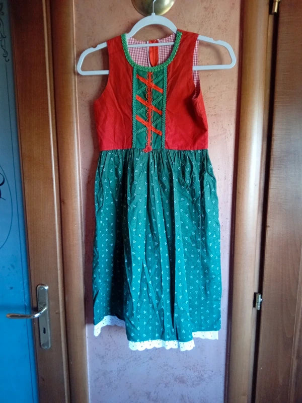 Vestito Tirolese Bimba 8-10 Anni Verde Rosso Vintage