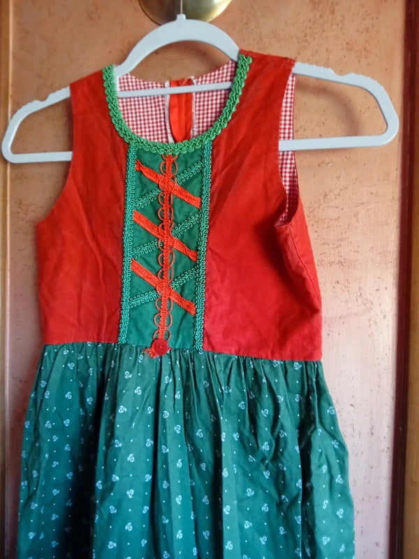 Vestito Tirolese Bimba 8-10 Anni Verde Rosso Vintage