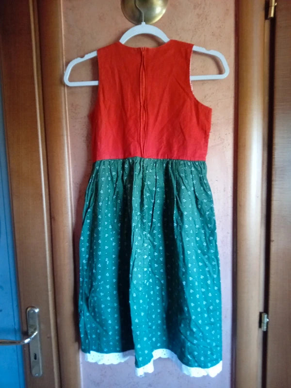 Vestito Tirolese Bimba 8-10 Anni Verde Rosso Vintage
