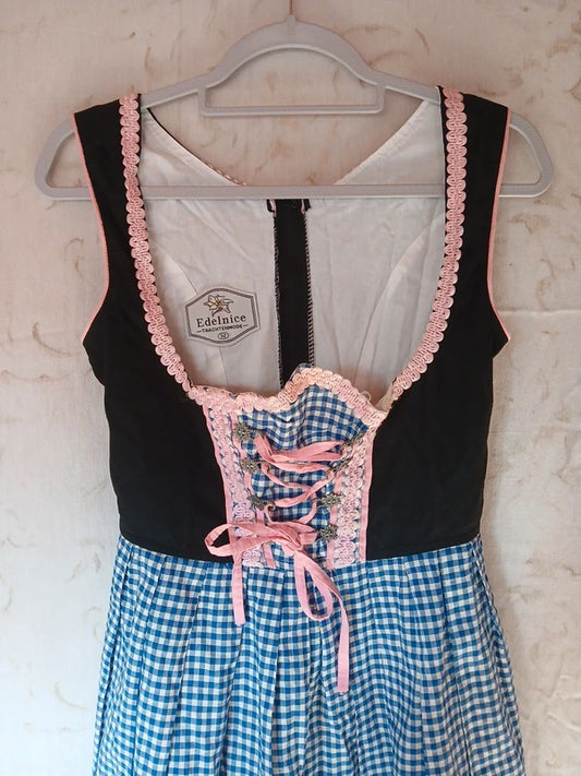 Vestito Tirolese Xxs Donna Edelnice Nero Bianco Blu Rosa