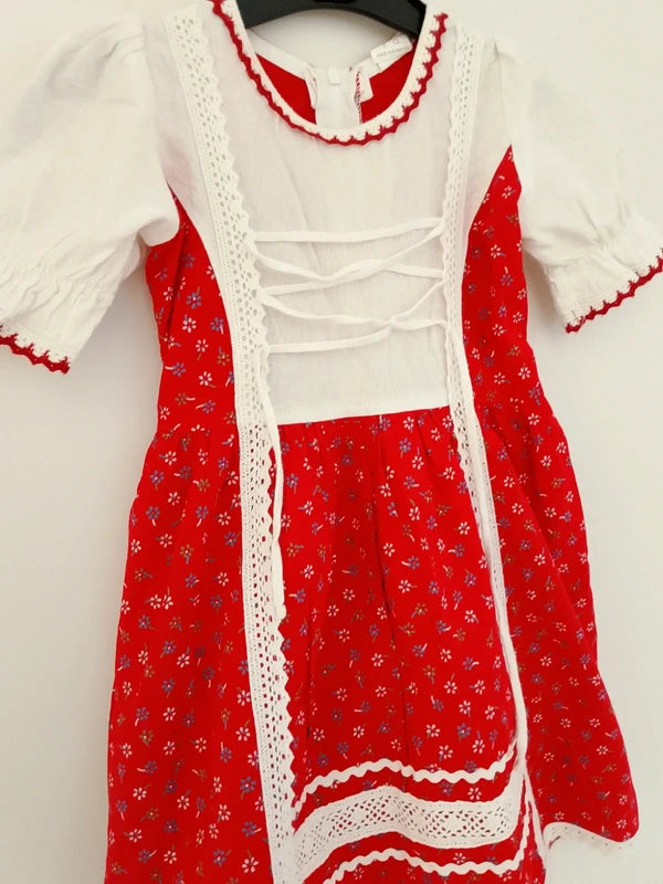 Vestito Tirolese Rosso Bianco Fiorellini Vintage Bimba 2-3 anni
