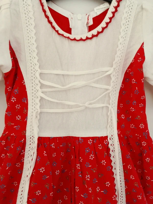 Vestito Tirolese Rosso Bianco Fiorellini Vintage Bimba 2-3 anni