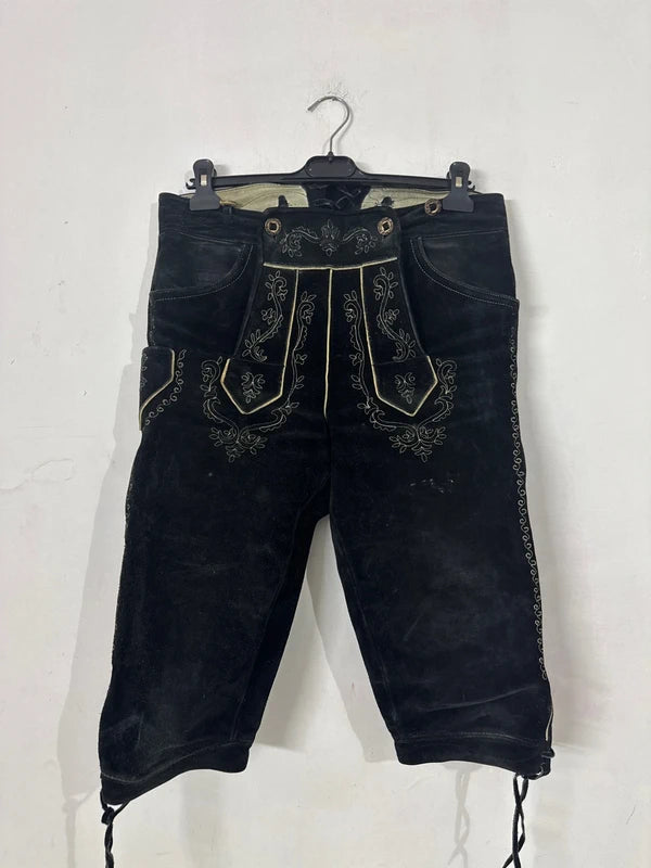 Pantalone Tirolese Vintage Da Uomo Xl Lederhosen nero pelle
