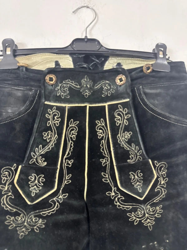 Pantalone Tirolese Vintage Da Uomo Xl Lederhosen nero pelle