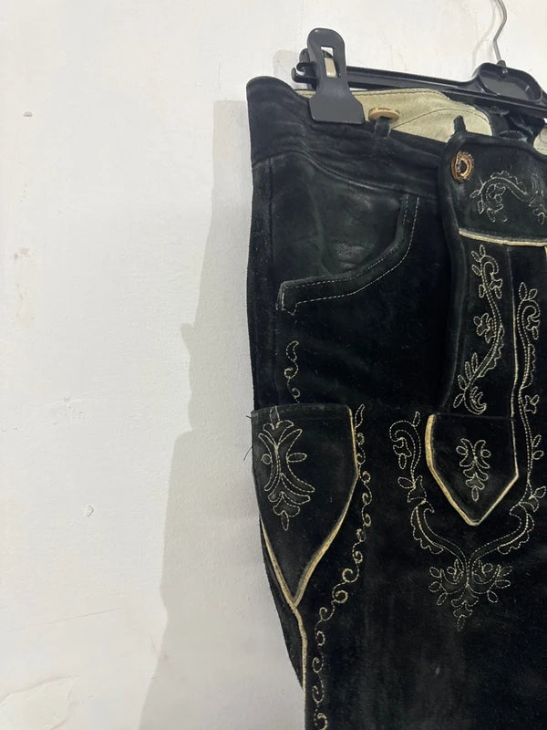 Pantalone Tirolese Vintage Da Uomo Xl Lederhosen nero pelle