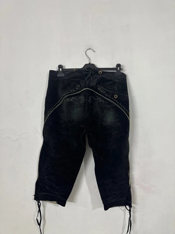 Pantalone Tirolese Vintage Da Uomo Xl Lederhosen nero pelle