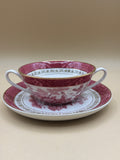 Tazza Due Manici Con Piattino Vintage Nikko Japan Double Phoenix, Motivo Salice Rosso/rosa