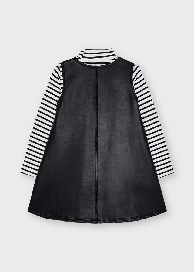 Mayoral black faux leather dress and striped sweater 4 years