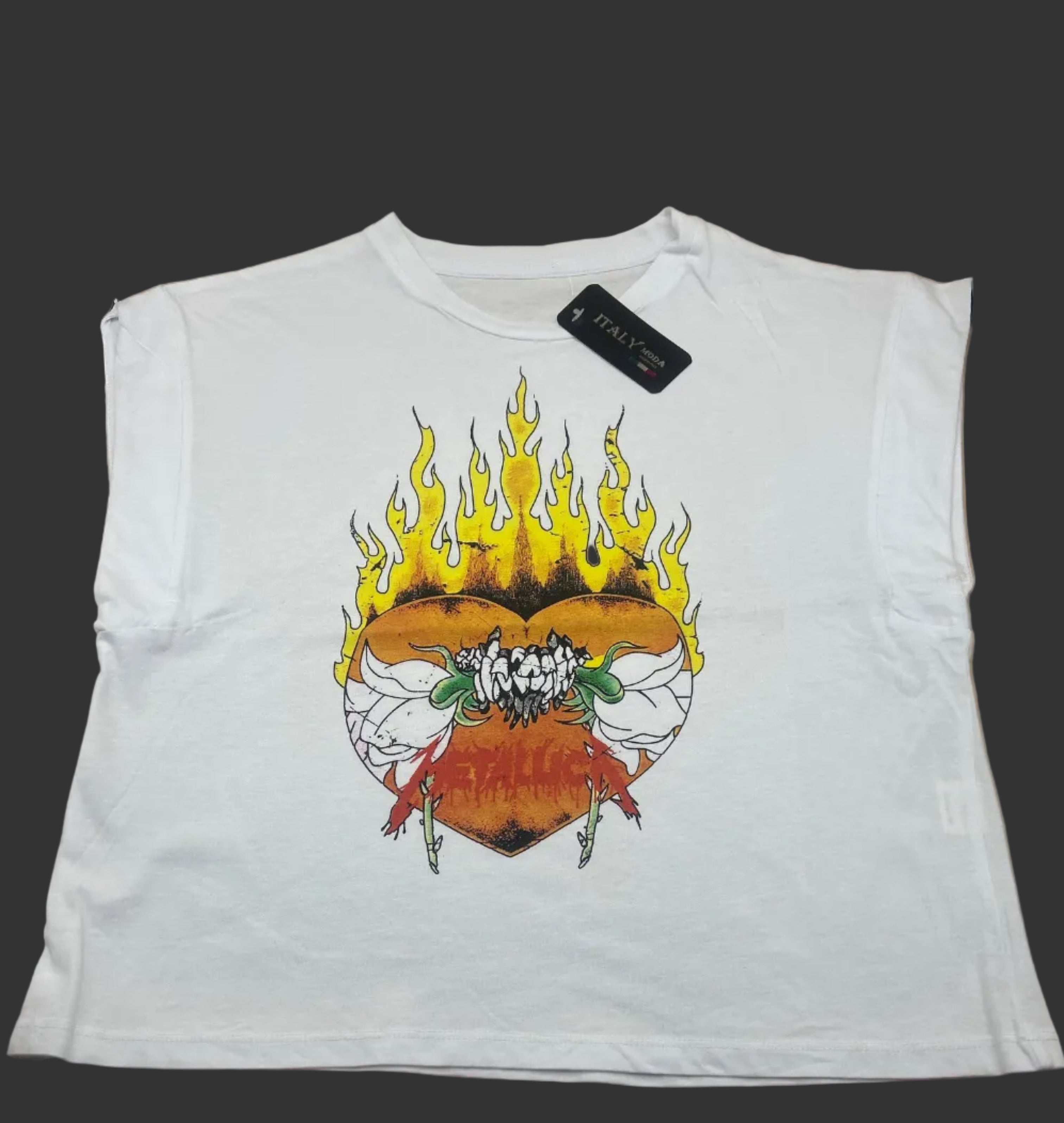 Tshirt Donna Bianca Con Stampa Cuore Infuocato