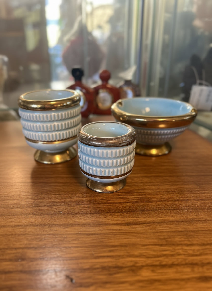 Set Da Fumo in ceramica  azzurro e Oro Tre Pezzi