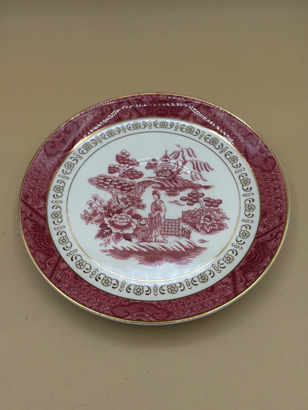 Piattino Bordo Oro Vintage Nikko Japan Double Phoenix, Motivo Salice Rosso/rosa
