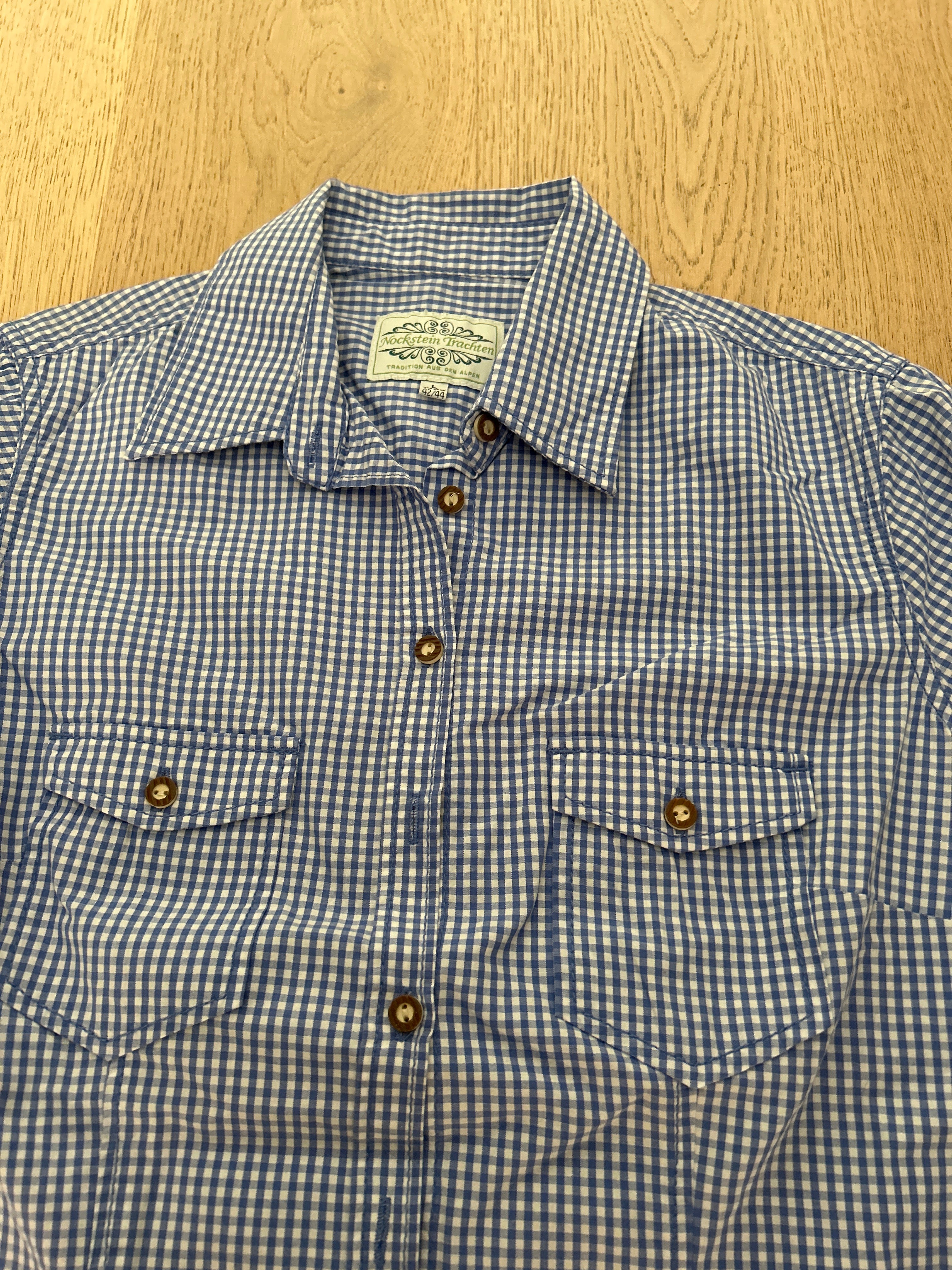 Camicia Donna Tirolese Manica Corta Bianca Azzurra Tg. L Nochstein Trachten