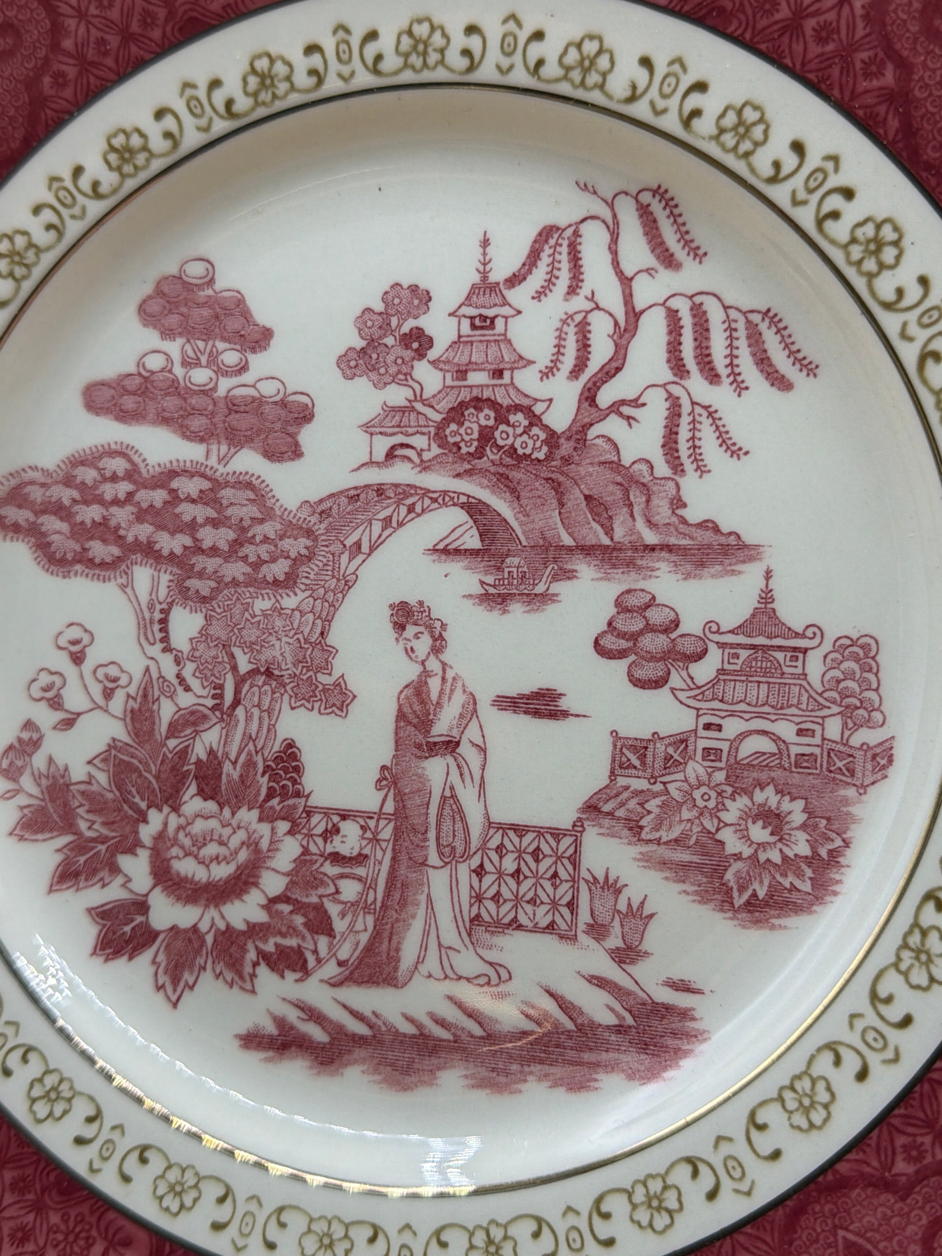 Piatto Dessert Bordo Oro Vintage Nikko Japan Double Phoenix, Motivo Salice Rosso/rosa