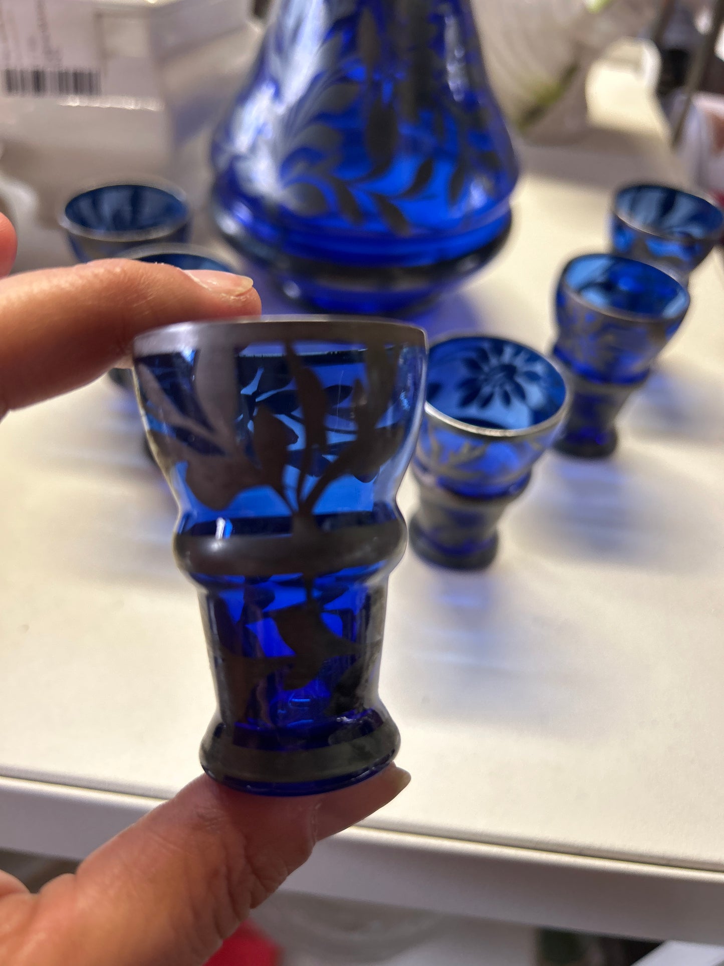Bottiglia Vetro Blu Argento + 6 Bicchierini (senza Tappo)
