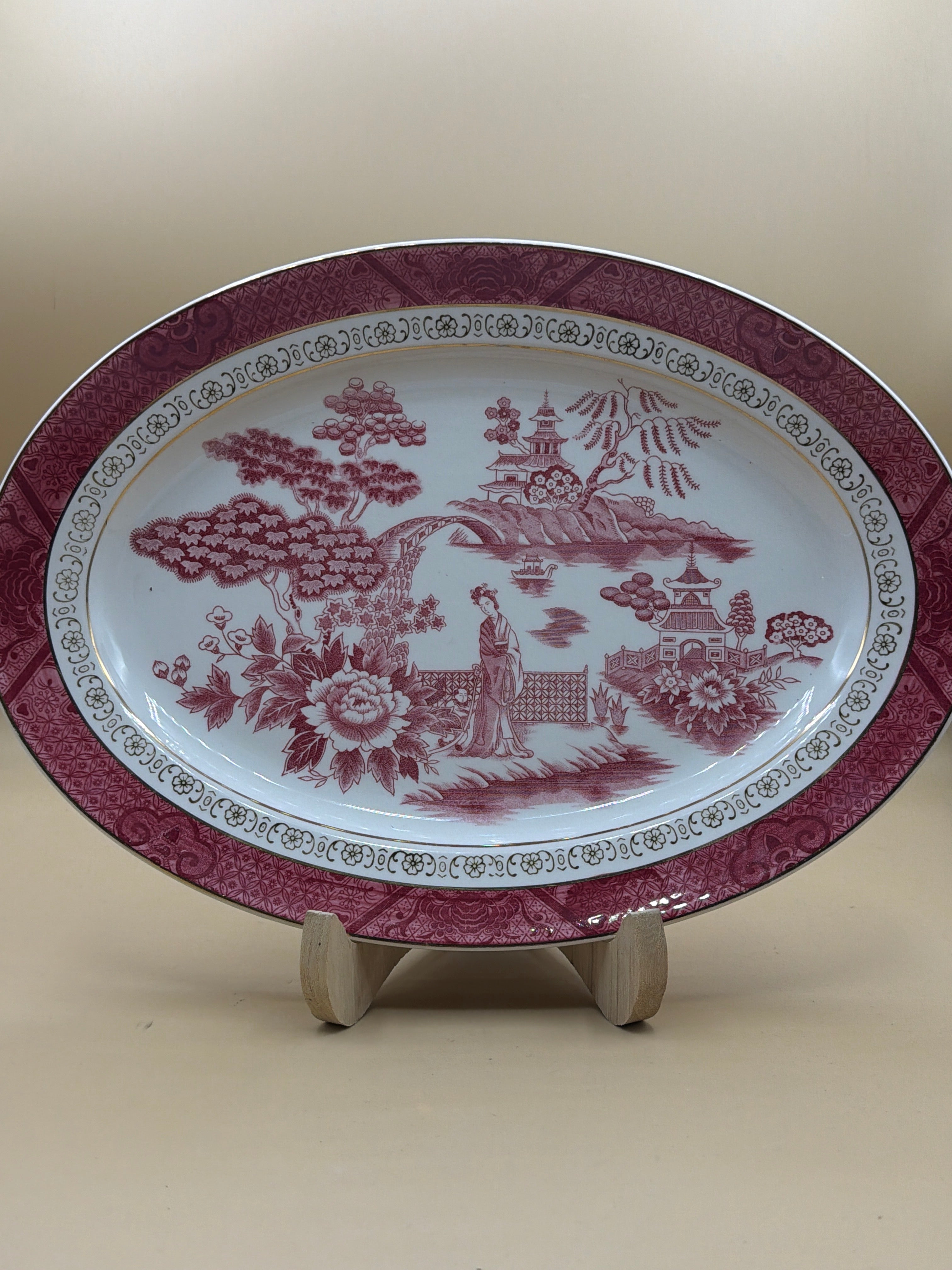 Piatto Ovale Da Portata Bordo Oro Vintage Nikko Japan Double Phoenix, Motivo Salice Rosso/rosa