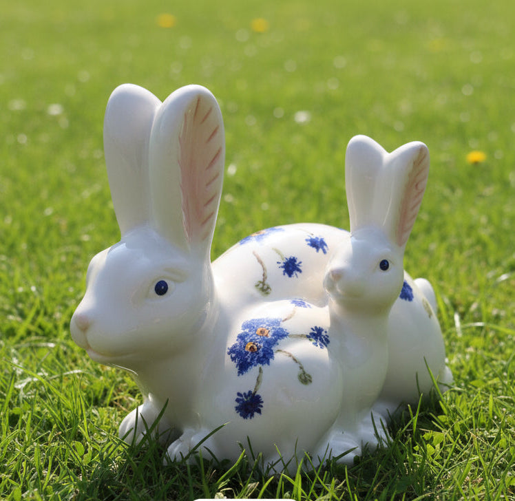 Coppia Conigli Con Fiori Blu
