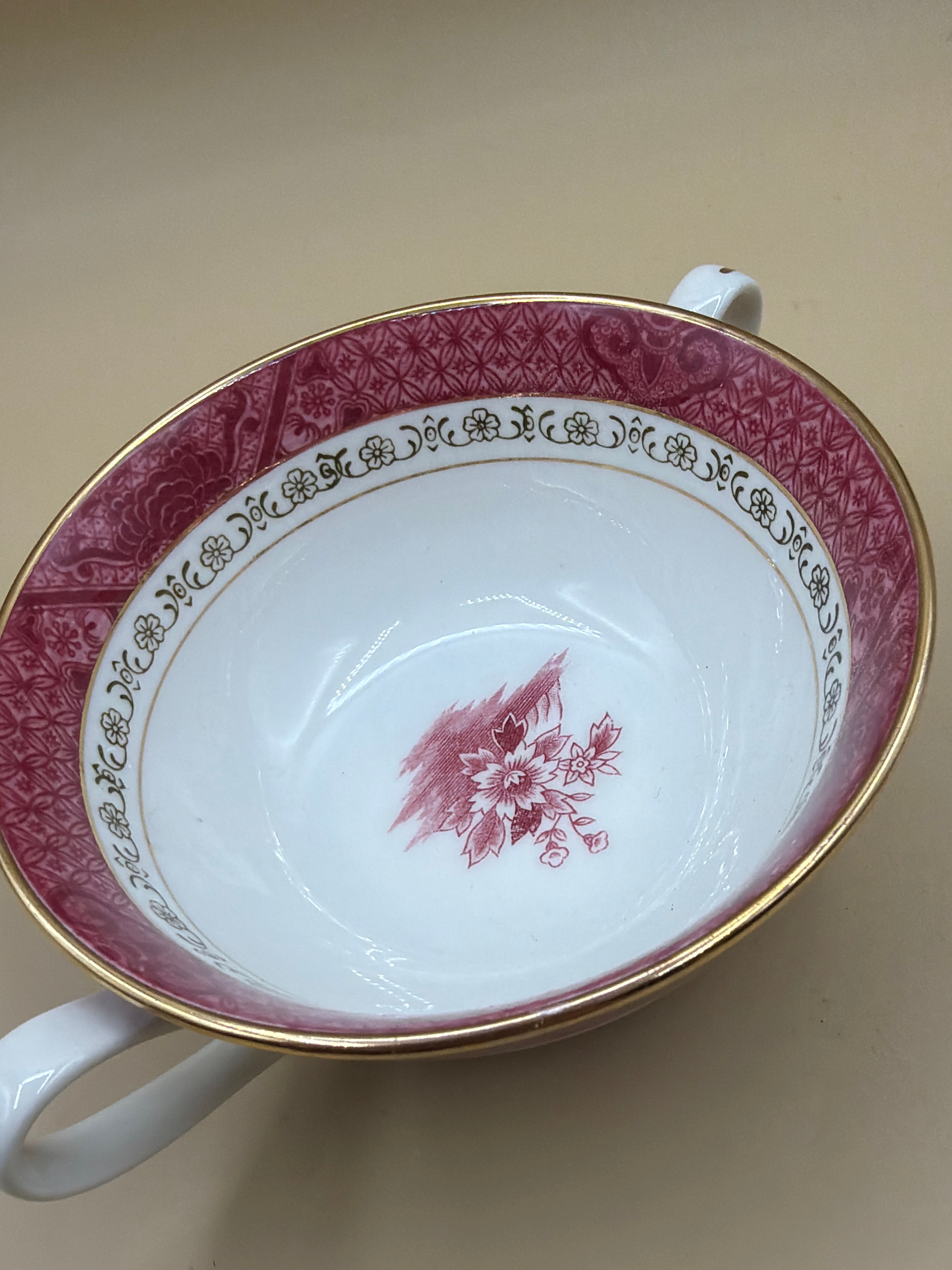 Tazza Due Manici Con Piattino Vintage Nikko Japan Double Phoenix, Motivo Salice Rosso/rosa