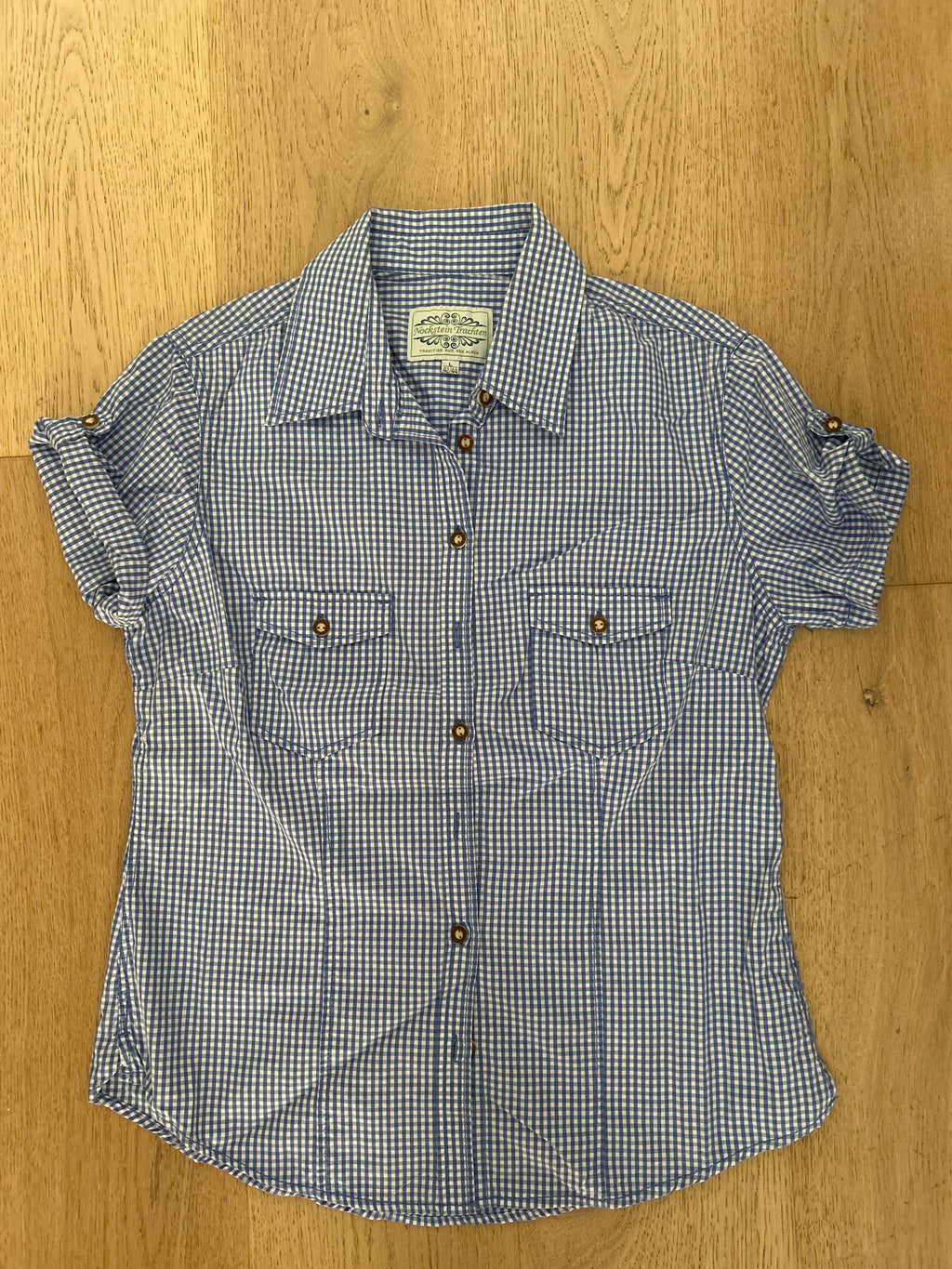 Camicia Donna Tirolese Manica Corta Bianca Azzurra Tg. L Nochstein Trachten