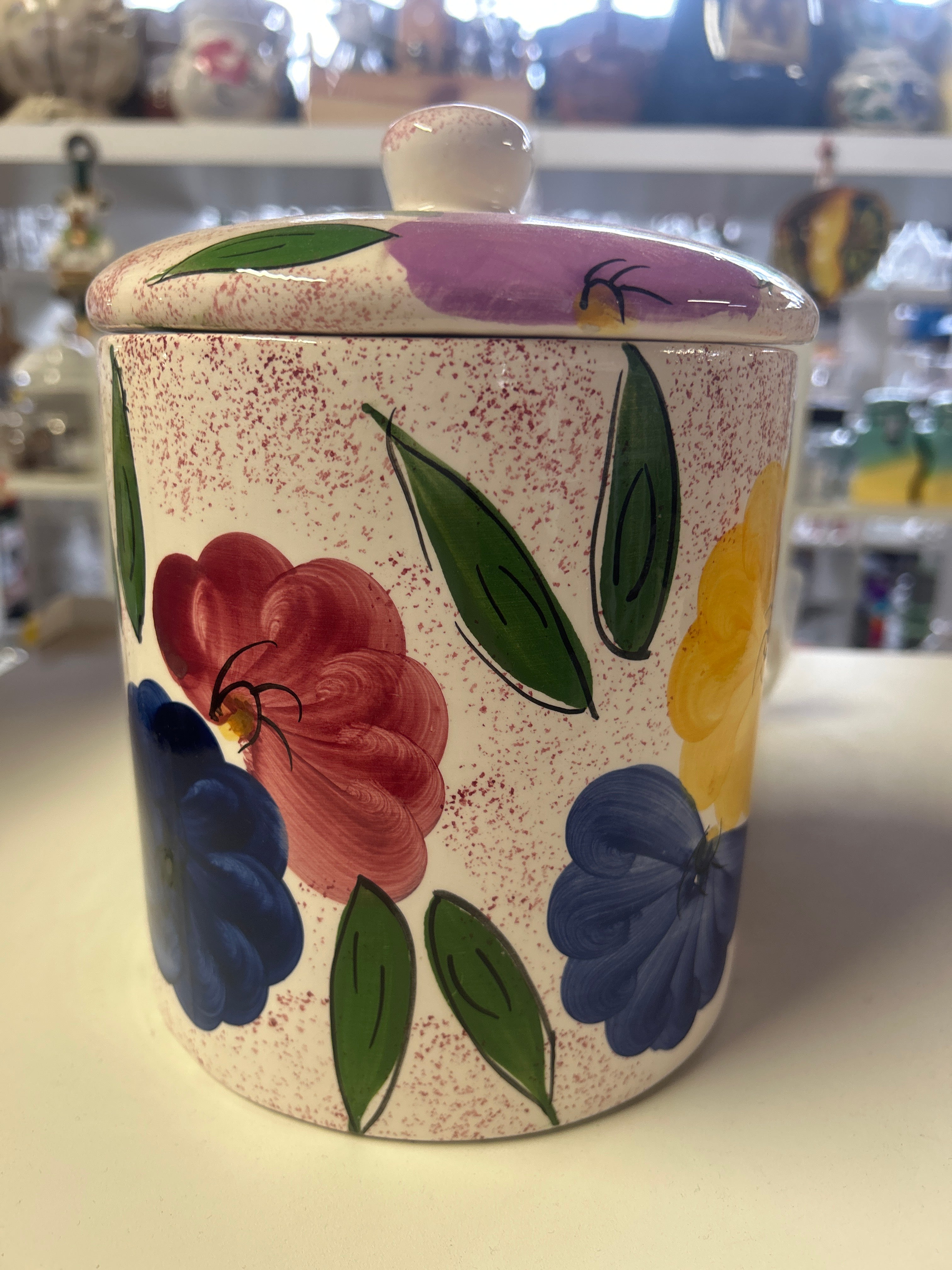 Vaso Tondo in ceramica Fiori dipinti Con coperchio biscottiera