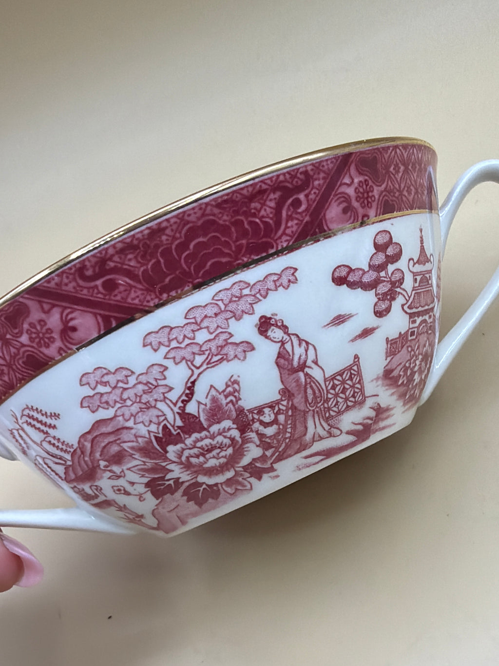 Tazza Due Manici Con Piattino Vintage Nikko Japan Double Phoenix, Motivo Salice Rosso/rosa