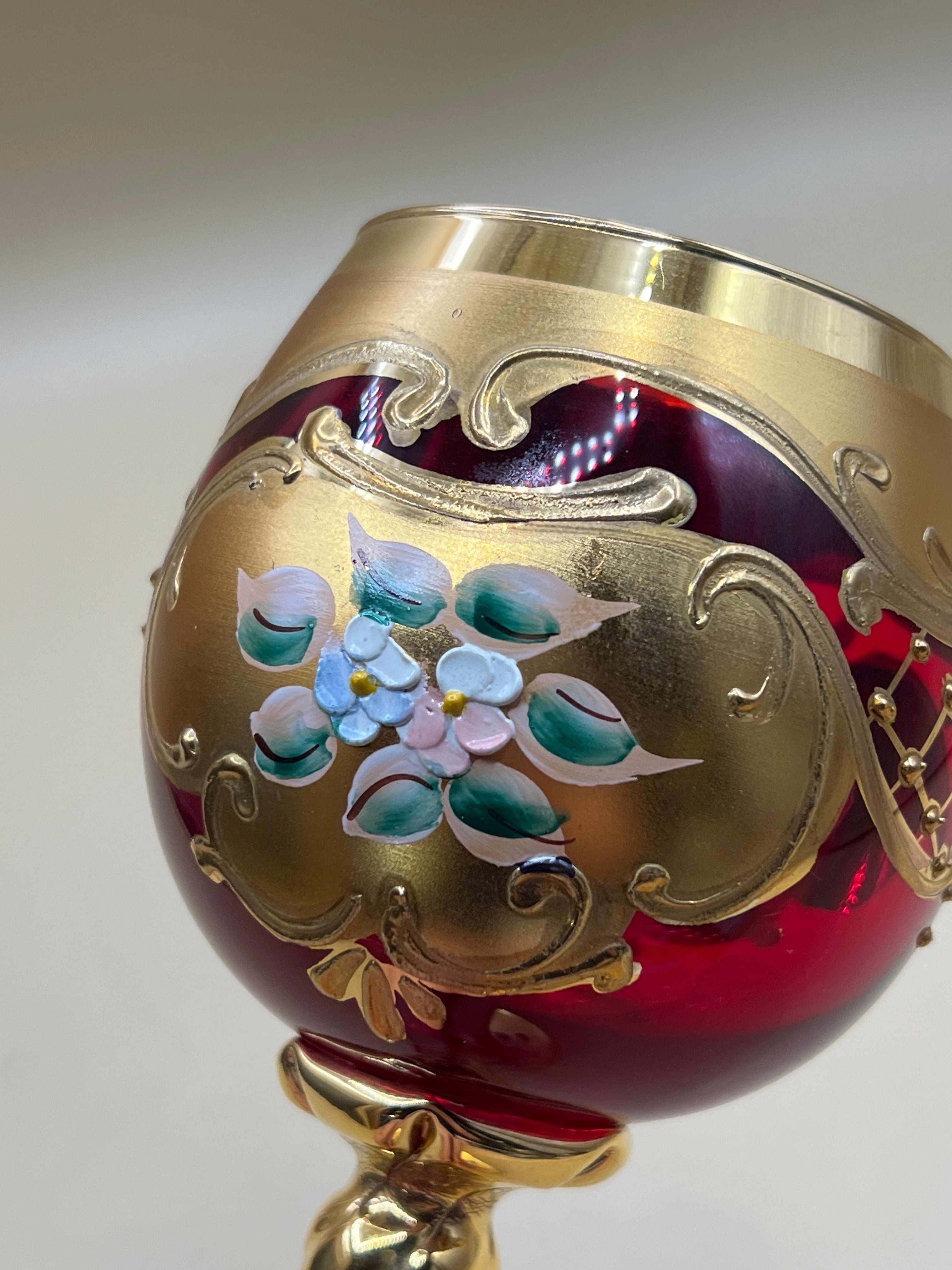 Bicchiere Vintage Rosso Con Smalto Dorato - Murano Tre Fuochi