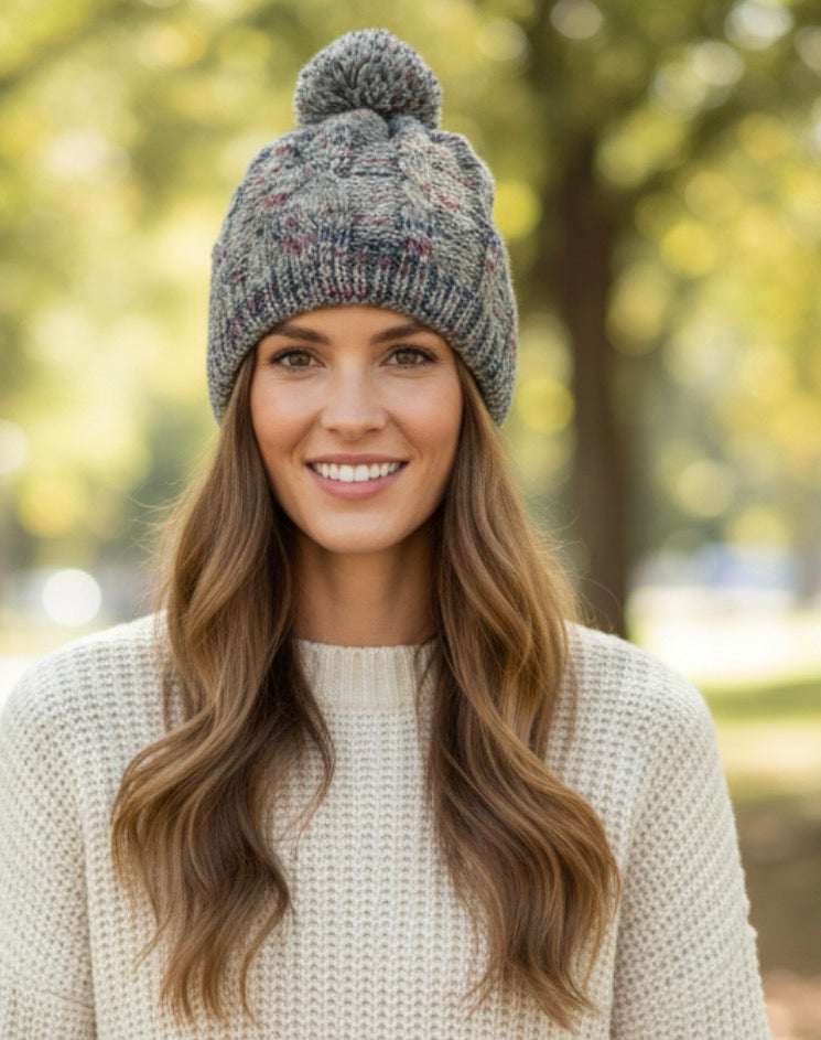 Berretto Grigio Melange Nuovo Con Ponpon