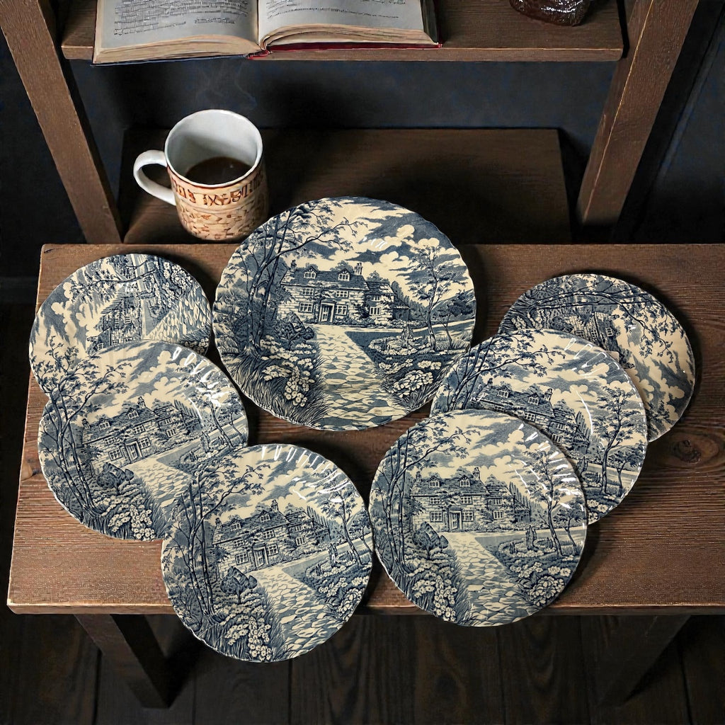 6 Piattini Con Piatto Bianchi Blu Country Cottage British Anchor England