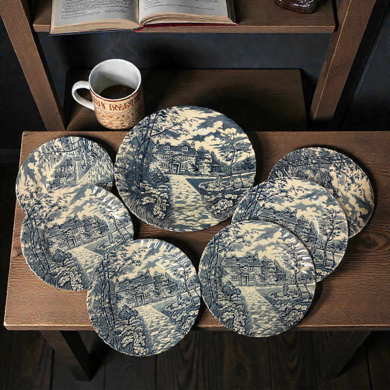 6 Piattini Con Piatto Bianchi Blu Country Cottage British Anchor England