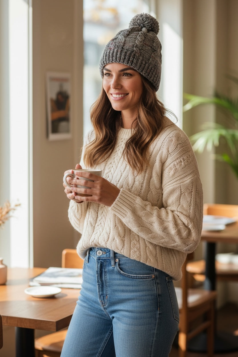 Berretto Grigio Melange Nuovo Con Ponpon