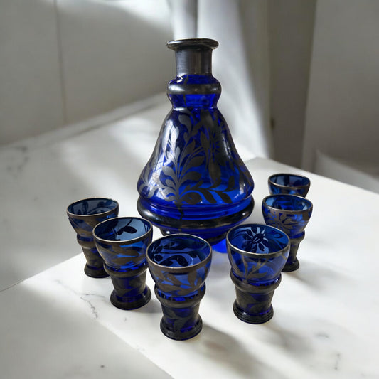 Bottiglia Vetro Blu Argento + 6 Bicchierini (senza Tappo)