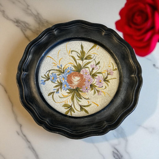 Piatto Peltro Ceramica Fiori Craquele