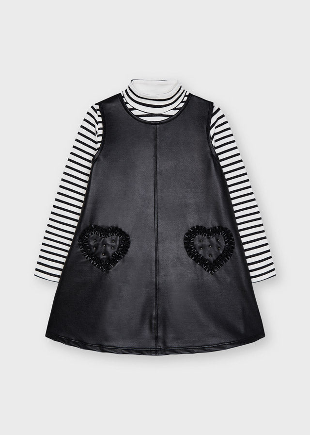 Mayoral black faux leather dress and striped sweater 4 years