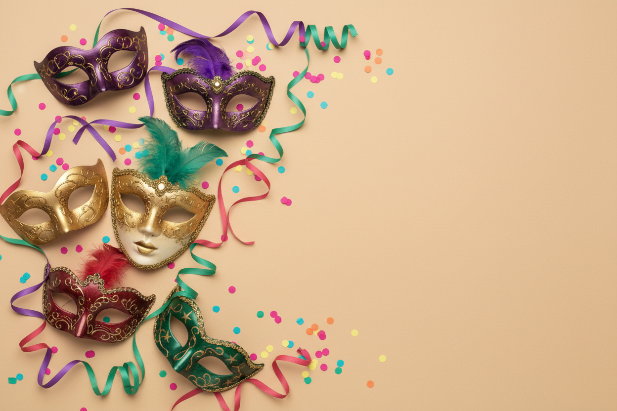 meno metti sfondo eige con maschere e cordiandoli colorti e stelle filanti