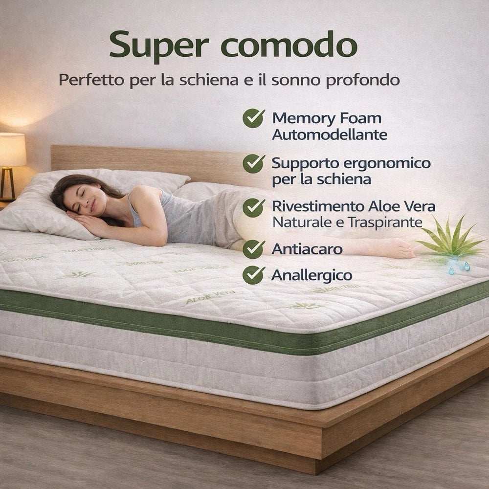 Materasso Singolo Una Piazza Cm 80x190 H25 Memory Foam Aloe Vera Ortopedico Antiacaro Anallergico