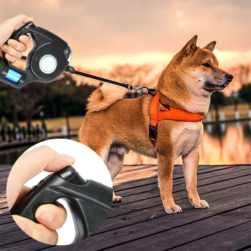 Guinzaglio per cani 3 in 1 con luce LED e distributore di sacchetti per feci, per cani fino a 25 kg