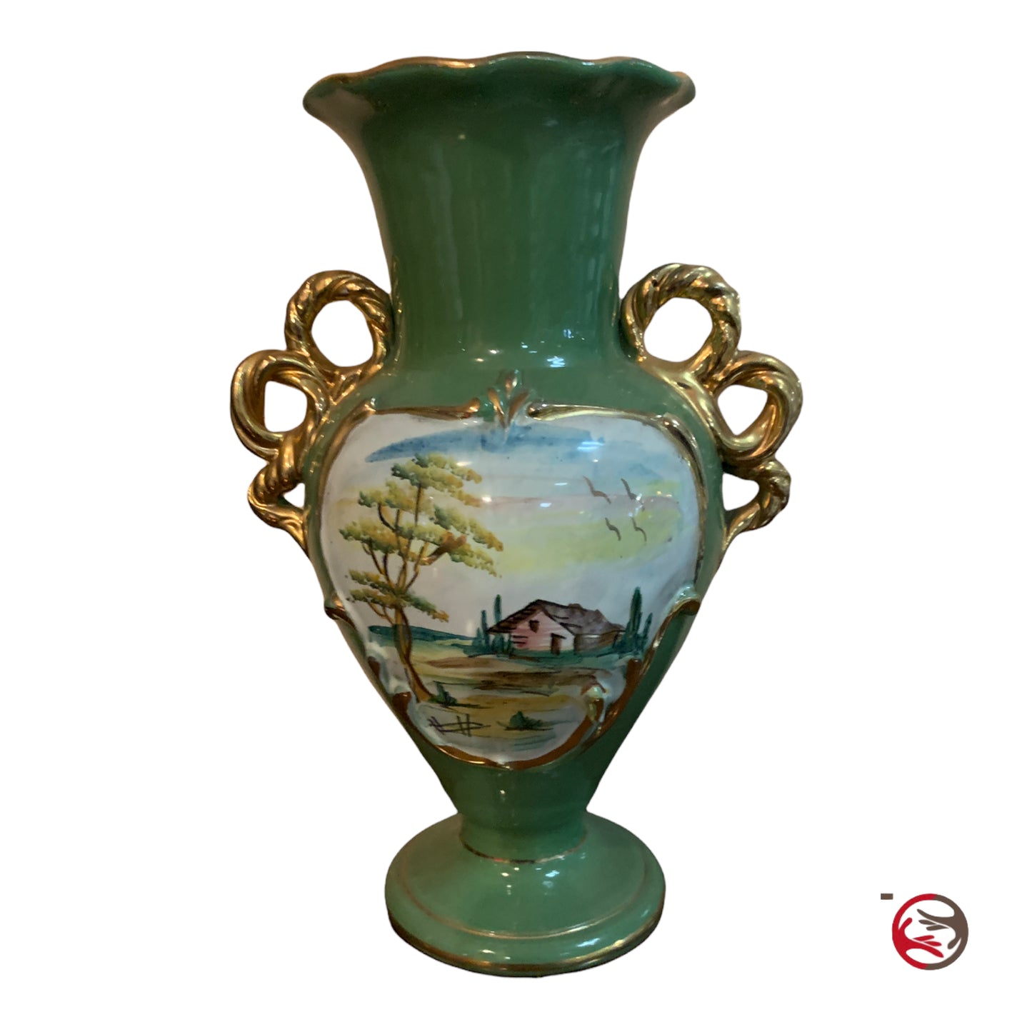 Vaso verde due manici con dipinto e bordo oro