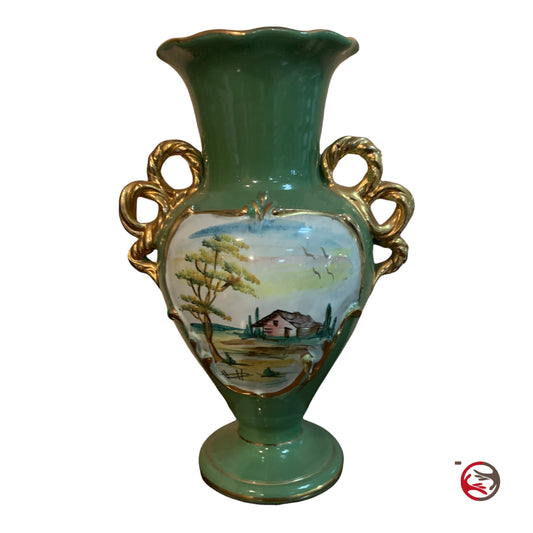Green vase with two handles with painting and gold edge